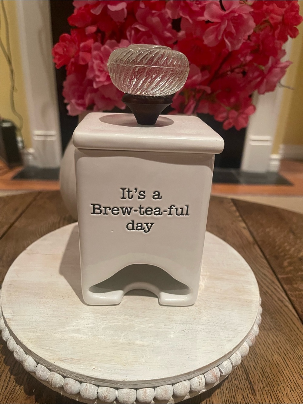 Mud Pie White Ceramic Tea Bag Holder with Glass Knob - It's a Brew-tea-ful Day